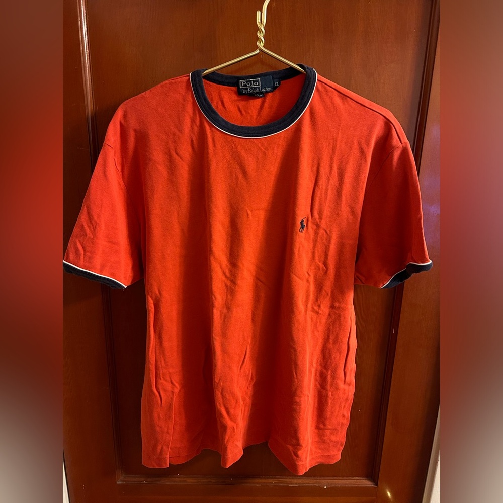 Late 1980s VTG Ralph Lauren XL T-Shirt | 100% Cotton, Orange with Navy Trim